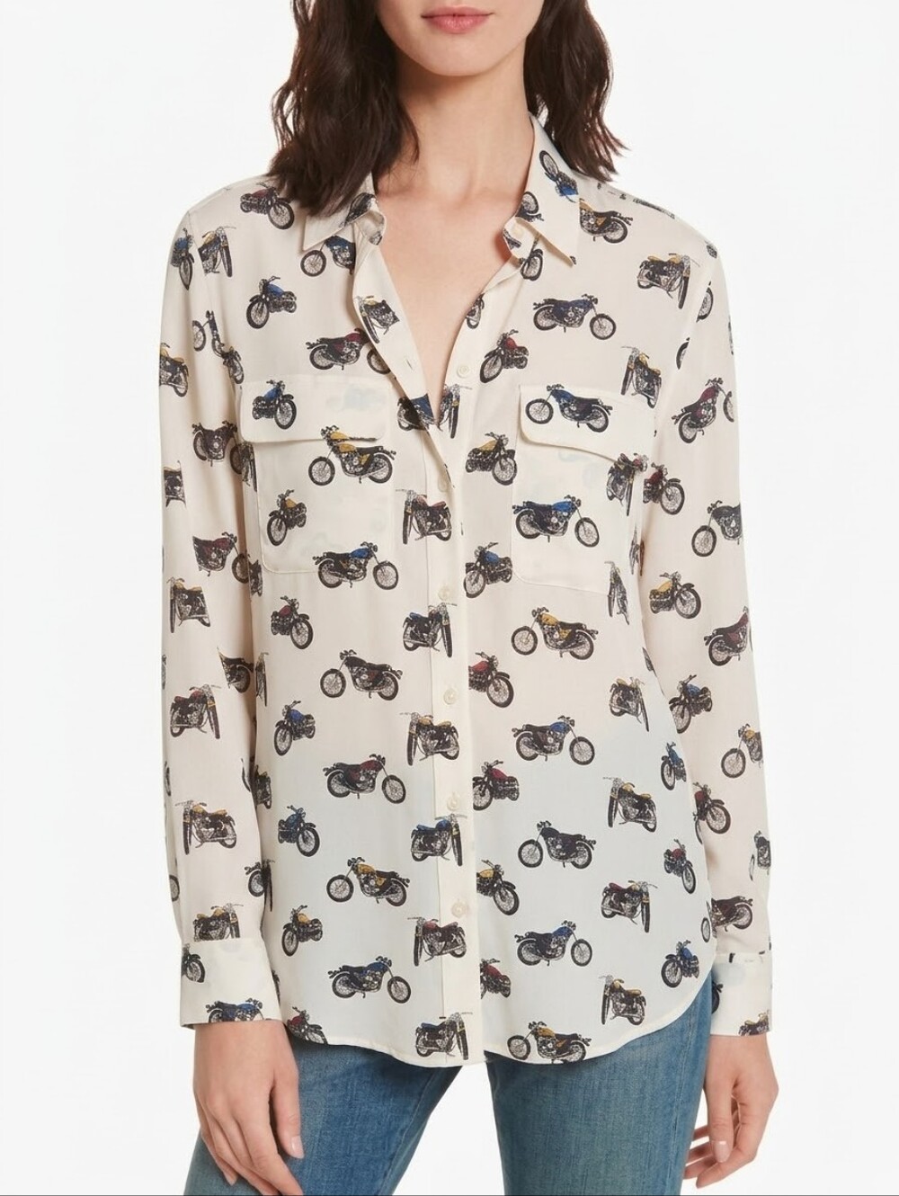 Equipment NEW Femme Silk Motorcycle Print M Slim Signature Shirt Blouse Pockets